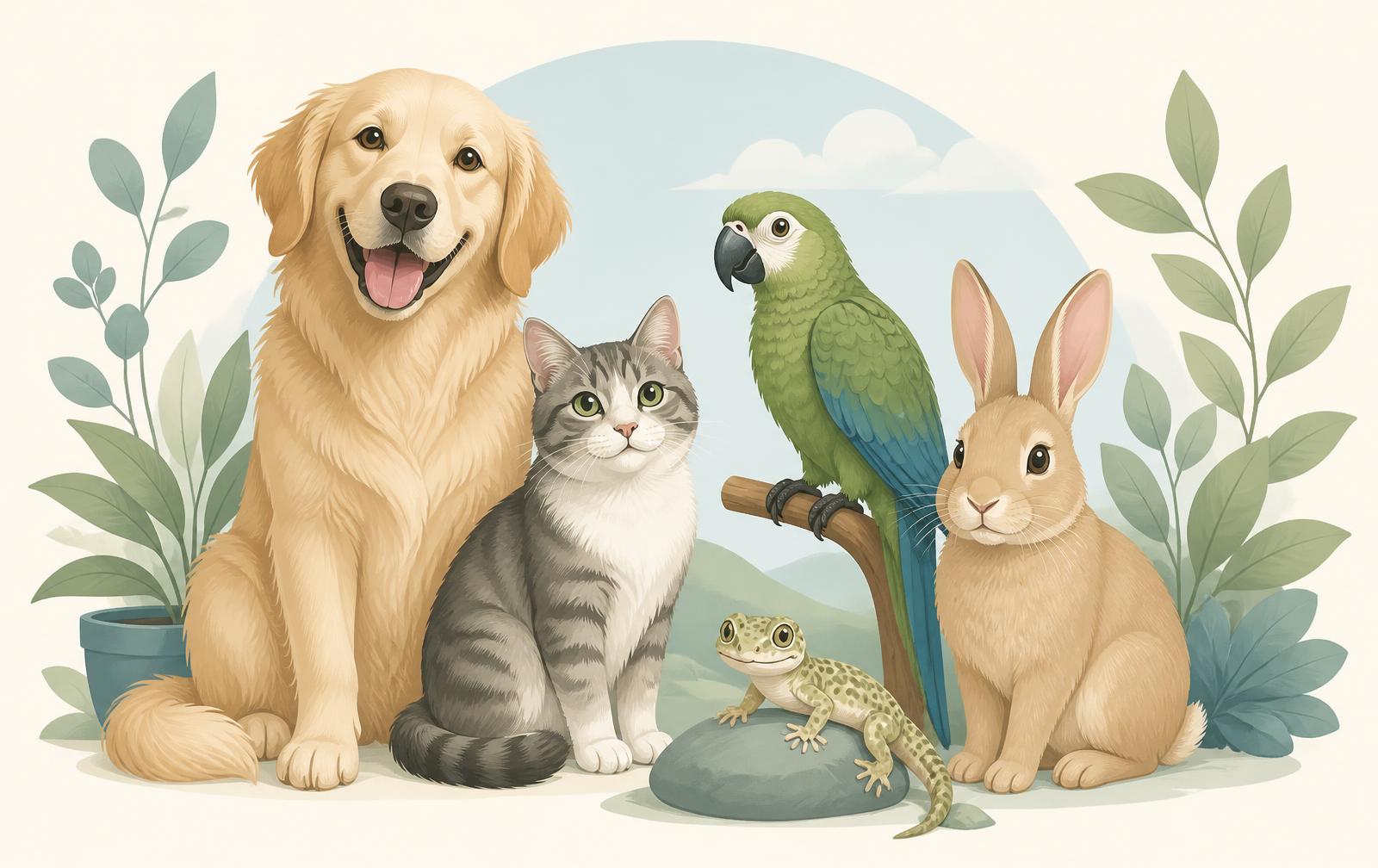 Illustration of a dog, cat, parrot, rabbit and small reptile together